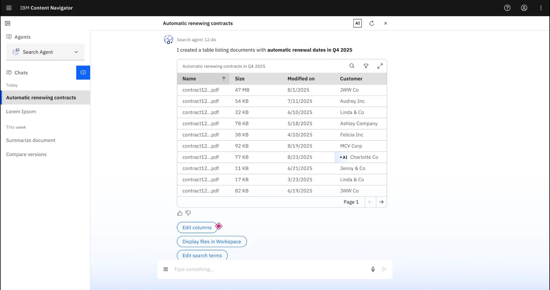 AI search agent returning an editable table of contracts with automatic renewal terms