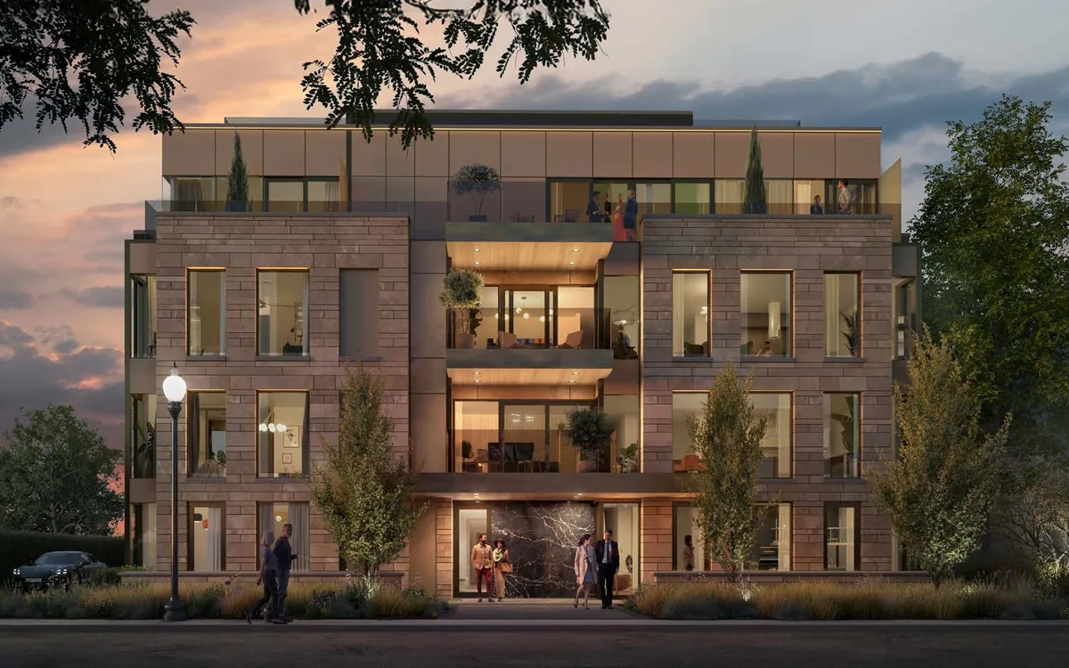 Rendering of The Aristocrat, an eight-residence luxury building in Old Oakville, at dusk